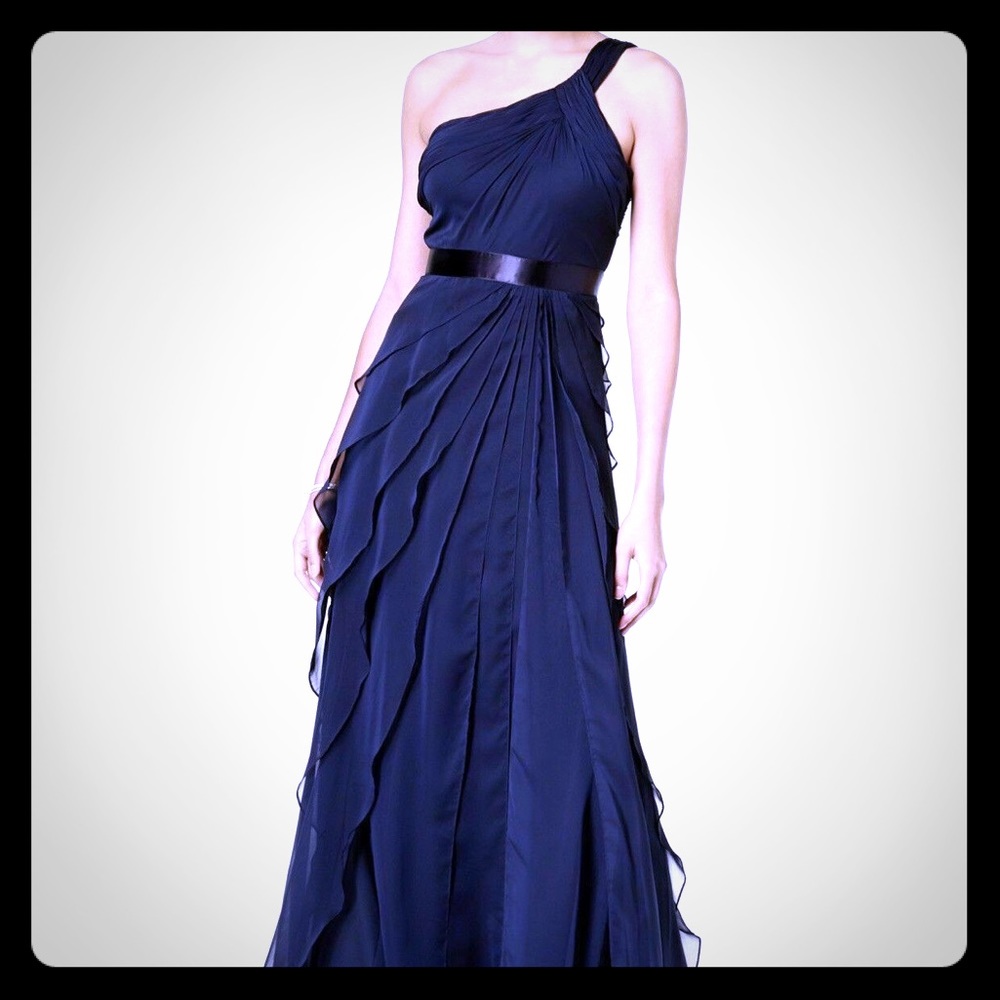 Navy Blue Tiered One-Shoulder Chiffon Gown
